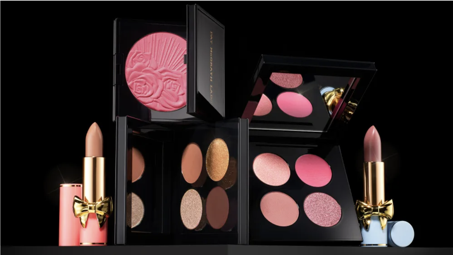 Pat McGrath Labs lipsticks with gold bows, eyeshadow palettes and an embossed rose blush