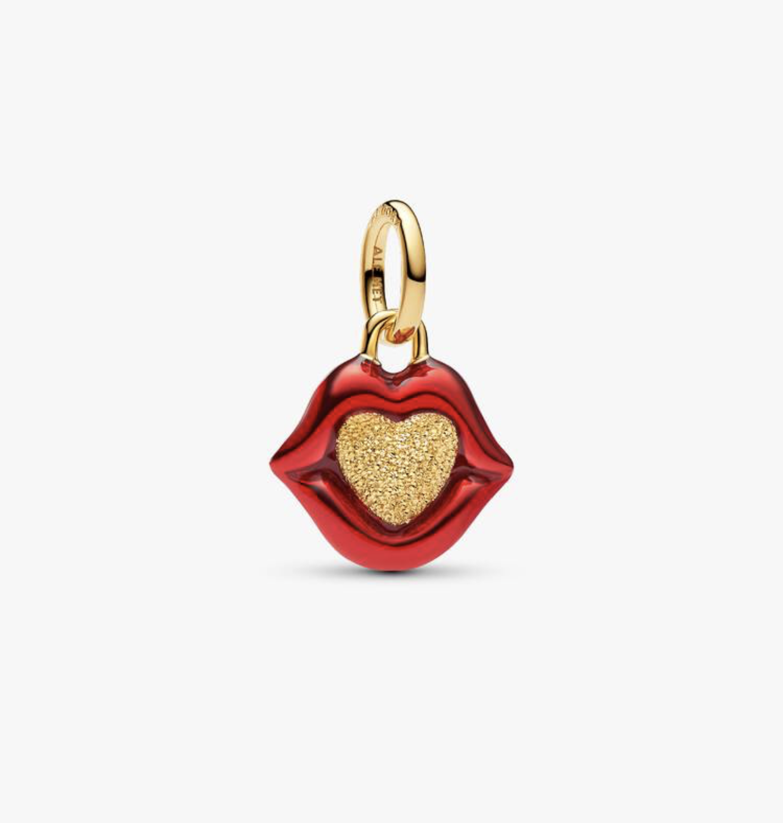 Red enamel lip charm with a textured gold heart on a gold chain